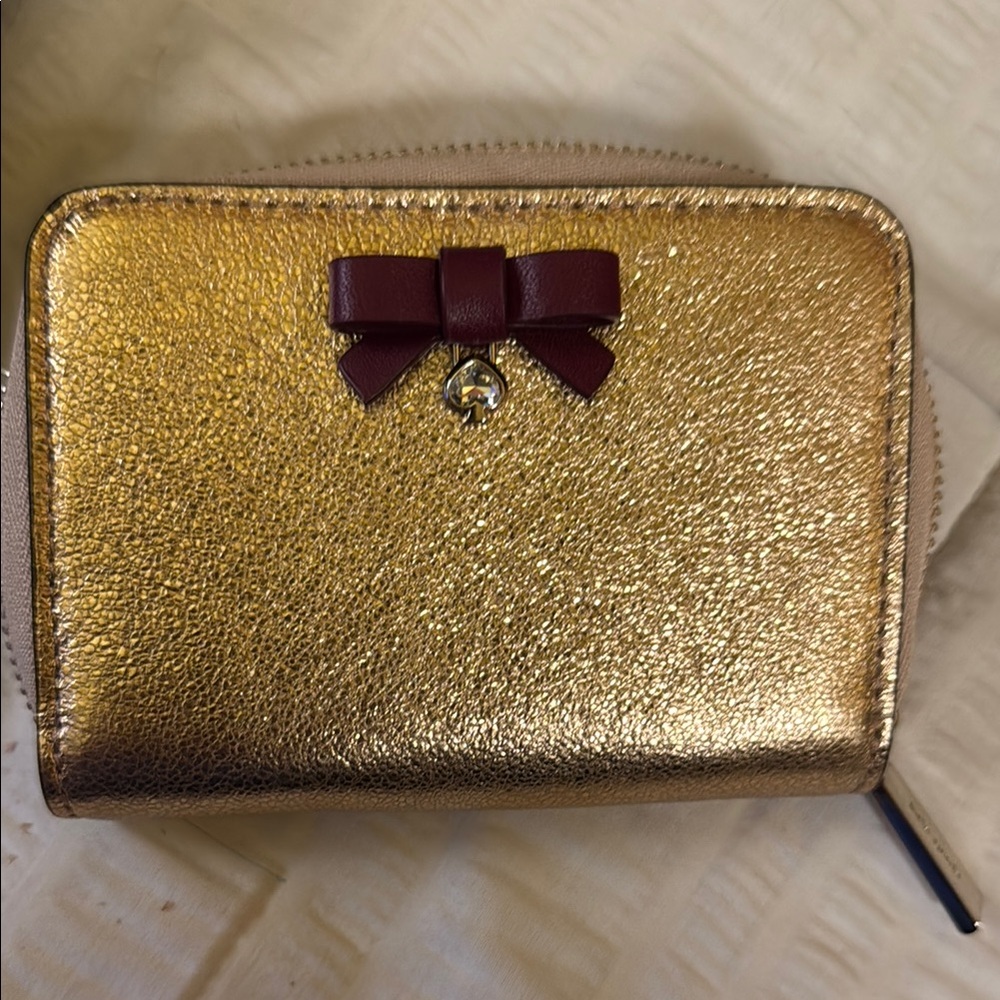 Kate Spade Gold and Red Wallet with Bow and Zippered Closure *Never used*